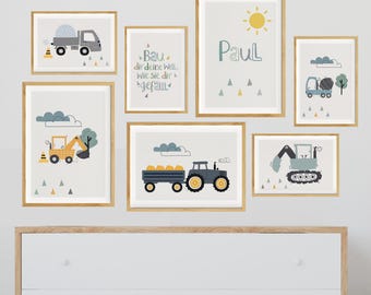 Children's room pictures for boys, tractor design, wall decoration 7-piece collage poster set with excavators, personalized with name, baby shower decoration, construction vehicles