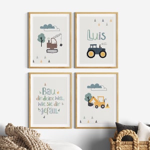 Excavator poster children's room, boy tractor vehicles, set of 4 pictures name, children's sayings construction site, children's room decoration, farm, grey, green