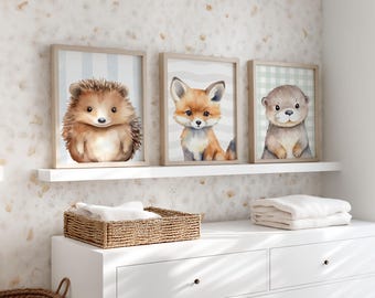 Baby room pictures, set of 3, woodland animals, watercolor, posters of hedgehogs, foxes, and otters, layette poster set, children's room poster set for boys and girls, wall art decoration
