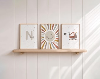 Pictures for a boy's bedroom, sun, name, digger, personalized boho beige taupe, children's room decor, 3-piece poster set for a boy's room, wall decor for a child