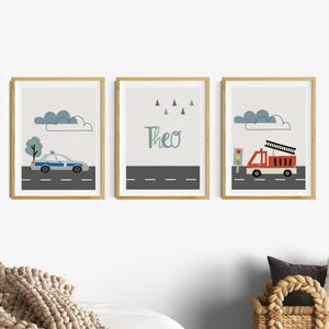 Decoración para habitación infantil niño, juego de carteles para habitación infantil, imágenes de bomberos de la policía, imágenes de pared, juego de 3, regalo para habitación de bebé, regalo de bautizo, verde