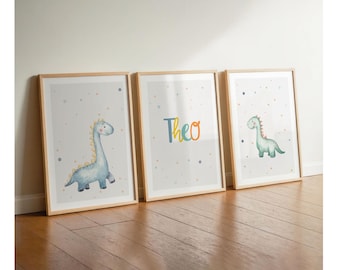 Dinosaur wall art set for boys' bedrooms, name posters, children's room decor for boys' rooms and nurseries, dinosaur wall decorations