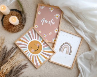 Daisy and dusty rose pictures, girl's name sun poster, wall decor flowers and rainbow, name poster picture set, 3 posters, boho wall art