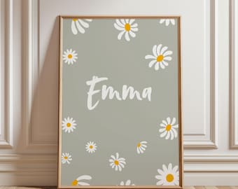 Name poster for girls, beige green, pink poster with daisies, floral wall decor for a girl's room, children's room decor, wall art with name, boho decor