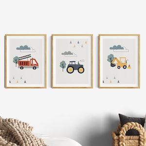 Poster per cameretta del bambino, escavatore dei vigili del fuoco, set di 3 immagini di bambini con trattori, decorazione per cameretta del bambino, immagini da parete grigie