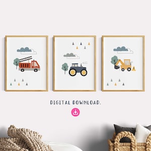 Imágenes de la habitación de los niños niño, descarga instantánea, juego de 3 bomberos, tractor, excavadora, vehículos, decoración de la habitación de los niños, habitación del niño, verde, gris, póster