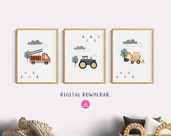 Children's room pictures boy, instant download, set of 3 fire brigade, tractor, excavator, vehicles, children's room decoration boy's room, green, grey, poster