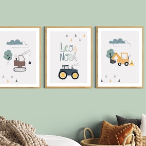 Kinderzimmer Bilder Junge Traktor, Wanddeko Poster Set Bagger, personalisiert mit Name Deko Baby Geburt, Baustelle Fahrzeuge Bauernhof Auto zdjęcie 8