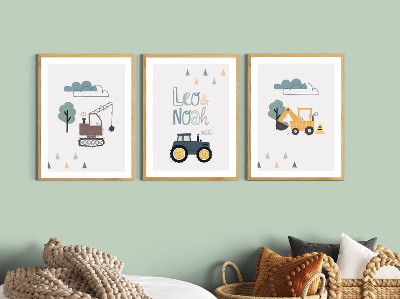 Kinderzimmer Bilder Junge Traktor, Wanddeko Poster Set Bagger, personalisiert mit Name Deko Baby Geburt, Baustelle Fahrzeuge Bauernhof Auto Bild 9