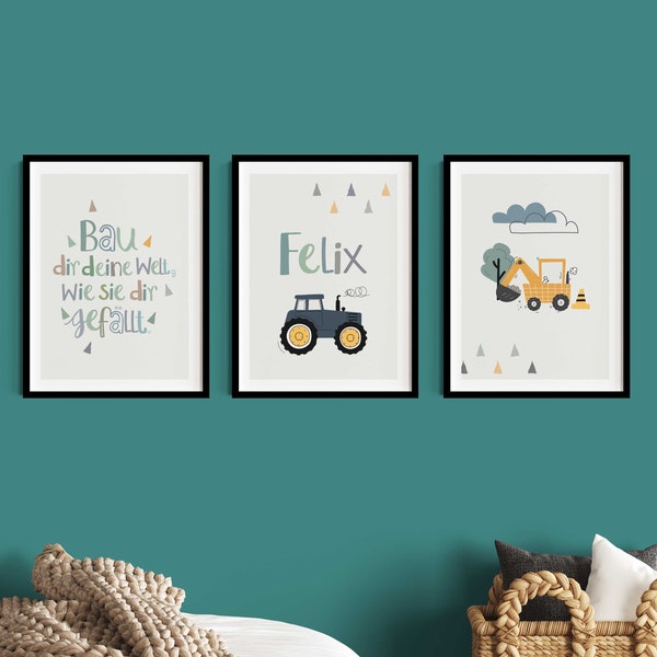 Bilder Kinderzimmer Junge Traktor, Kinderzimmerdeko Poster Set Bagger, Wanddeko Name, Kinder Sprüche, Deko Baby, Baustelle Bauernhof, Grün