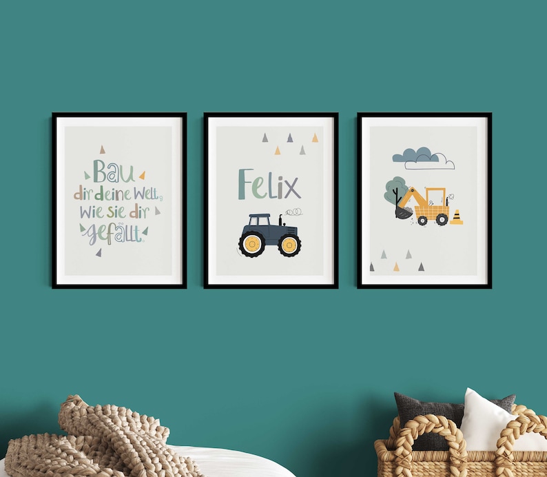 Bilder Kinderzimmer Junge Traktor, Kinderzimmerdeko Poster Set Bagger, Wanddeko Name, Kinder Sprüche, Deko Baby, Baustelle Bauernhof, Grün Bild 1