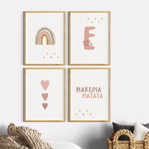 Decoración habitación infantil niña, cuadro de Hakuna Matata, juego de 4 carteles rosa antiguo, dicho infantil de la habitación de la niña, habitación del bebé, decoración de la habitación infantil de la pared, nombre