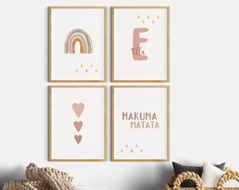 Children's room decoration girl, Hakuna Matata picture, old pink poster set of 4, girl's room children's saying, baby room, wall children's room decoration, name