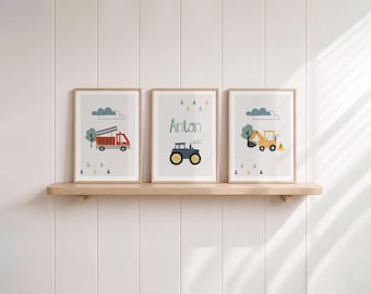 Boys' Nursery Poster, Fire Engine, Tractor, Excavator, Name Picture, Wall Decor 3-Piece Set, Baby Nursery Decor, Construction Vehicles Beige