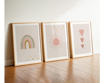 Dusty rose poster for a girl's room, rainbow, sun, hearts, 3-piece picture set for girls, boho gray and beige children's room decor, pink baby room