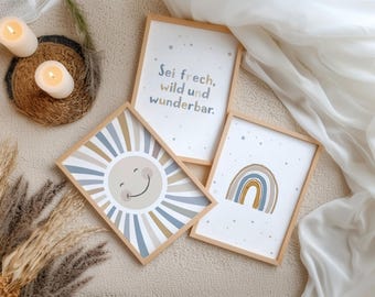 Be bold, wild, and wonderful! Boho 3-piece poster set: sun, beige, blue, rainbow, quote, boy, girl, children's room decor wall art, posters