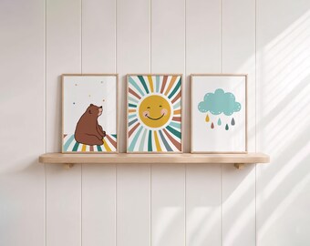 Pictures for a boy's room, bear, sun, and a rain cloud, wall decoration animals, animal pictures, blue, petrol, turquoise, yellow, and brown, wall decoration set of 3