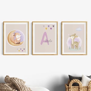 Cuadros habitación infantil niñas, juego de 3 carteles lila, imagen de animales, zorro, ciervo, póster nombre habitación niña, luna bebé, decoración habitación infantil, rosa boho