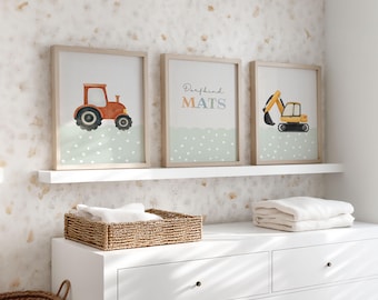 Boho Poster Kids' Room Sage Green 3-Piece Set, Digger Tractor Wall Art Green, Personalizable with Name, Village Child, Baby Room Decor Boy, Saying