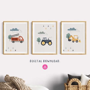 Kinderzimmer Poster Junge, Sofort Download, 3er Set Feuerwehr, Traktor, Bagger, Fahrzeuge, Kinderzimmerdeko Jungenzimmer, Grün, Grau, Poster