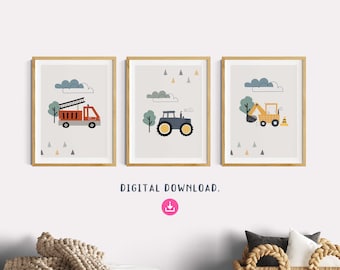 Children's room poster boy, instant download, set of 3 fire brigade, tractor, excavator, vehicles, children's room decoration boy's room, green, grey, poster