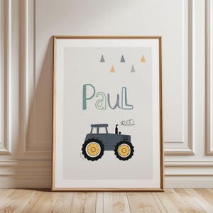 Tavlor till pojkrum, barnrumsinredning med traktor, namnposter, boho grå, väggdekorationsposter till pojkrum eller barnrum, doppresent