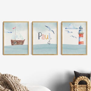 Kinderzimmerdeko Junge Blau, Maritim Wandgestaltung Idee Poster Set Jungenzimmer, Name Wandbilder, 3er Bilder Tiere, Küste Möwe Anker, Blau