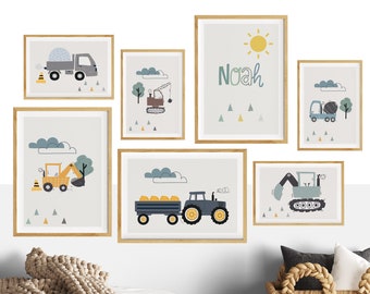 Kinderzimmer Bilder Junge Traktor, Wanddeko 7er Collage Poster Set Bagger, personalisiert mit Name Deko Baby Geburt, Baustelle Fahrzeuge