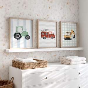 Pojkrumstavlor, 3-delat set traktor, poster grävmaskin brandbil baby pojke, väggdekor akvarell fordon skandinavisk pastell, väggkonst