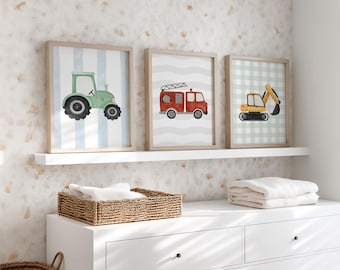 Boys' bedroom pictures, 3-piece set tractor, poster excavator fire engine baby boy, wall decor watercolor vehicles Scandinavian pastel, wall art