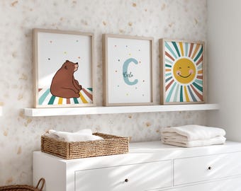 Poster children's room boy, bear, sun personalized name, wall decoration animals animal pictures, blue, petrol, turquoise, yellow and brown, wall decoration set of 3