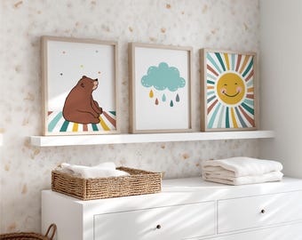 Pictures for a boy's room, bear, sun, and a rain cloud, wall decoration animals, animal pictures, blue, petrol, turquoise, yellow, and brown, wall decoration set of 3