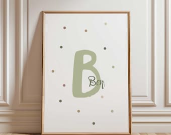 Name poster with the initial "Boy", wall art, green picture, boy's room, birth poster, birth gift, personalized boho, nursery wall decor
