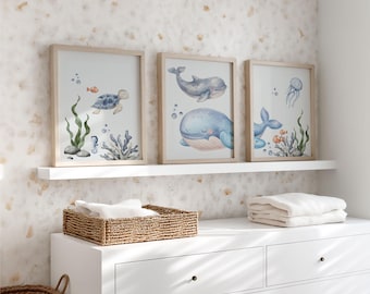 Children's room poster featuring animals, a whale, a turtle, and other sea creatures; nautical pictures for boys and girls, watercolor blue, green & grey; children's room decor