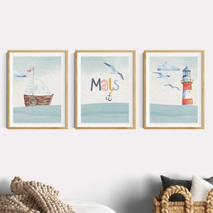 Children's room decoration boy blue, maritime wall design idea poster set boy's room, name wall pictures, set of 3 pictures animals, coast seagull anchor, blue