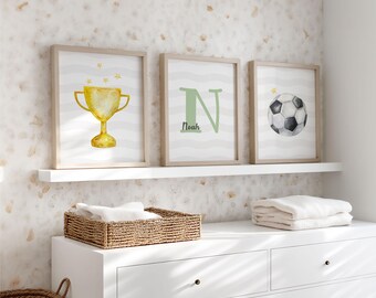 Personalized children's poster set, football cup design, wall art for boys' bedrooms, name, gift for starting school, birthday, sports, sage green, set of 3