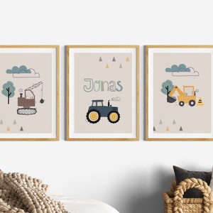 Kinderzimmer Bilder Junge Traktor, Wanddeko Poster Set Bagger, personalisiert mit Name Deko Baby Geburt, Baustelle Fahrzeuge Bauernhof Auto Beż