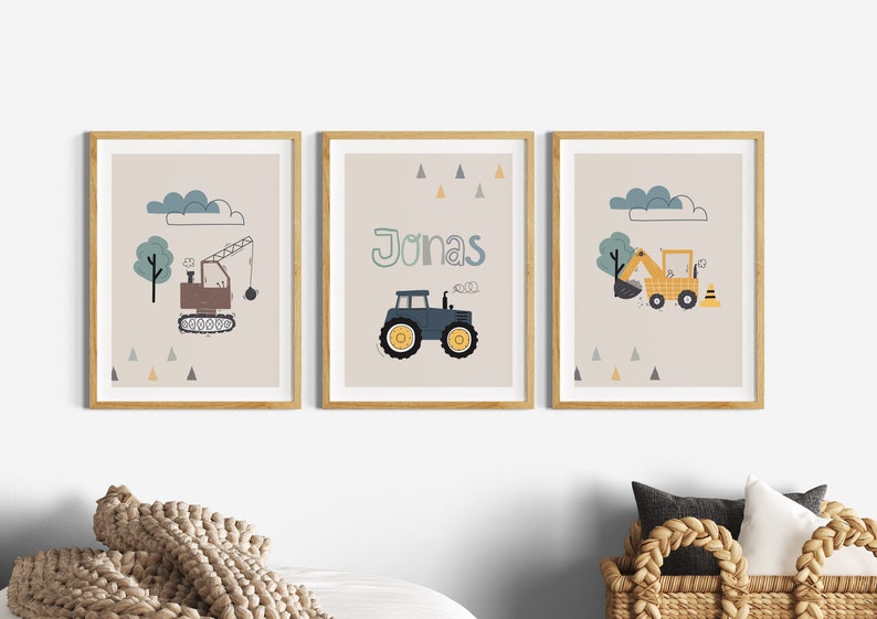 Kinderzimmer Bilder Junge Traktor, Wanddeko Poster Set Bagger, personalisiert mit Name Deko Baby Geburt, Baustelle Fahrzeuge Bauernhof Auto Beż