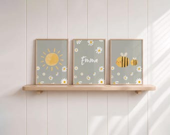 Green poster for girls, daisies, sun, bees, 3-piece picture set for children's room decoration, gift for girls' rooms, boho decor