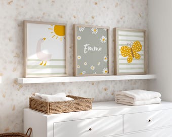 Poster for girls, sage green, daisies, goose, butterfly, 3-piece picture set as children's room decoration, gift for girls' rooms, children's room