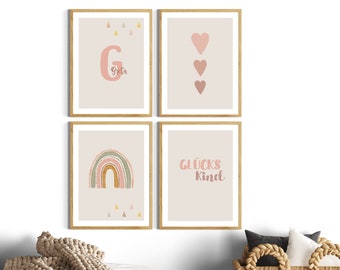 Girls' bedroom poster set, dusty rose picture set, rainbow children's quote poster with name and initials, lucky child, girls' room 4-piece set, children
