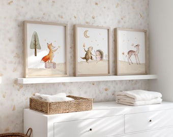 Woodland Animals Poster for Baby's Room – Set of 3 Pictures for Children's Room – Wall Art Fox Hedgehog Deer Boho Decor Beige Brown Neutral Gift for Baby Boy