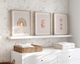 Personalized nursery poster for girls with name – rainbow pictures, initials, letter – boho dusty rose, baby room decor, gift for birth, A4