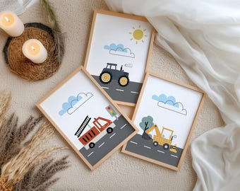Children's room poster for a boy, featuring a fire truck, tractor, and excavator; pictures as children's room decor for kids; boys' room wall decor picture set
