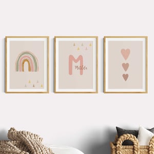 Old pink pictures for girls' rooms, rainbow children's room posters for girls with name, baby set initials for children's room decoration, boho hearts watercolor set of 3
