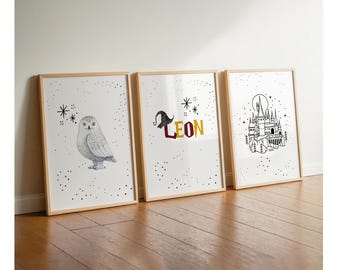 Children's room poster set, wizard wall art, magic school, 3-piece movie picture set, children's room decor, poster set wall decor, picture