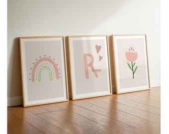 Rainbow children's room decor for girls, boho-style dusty rose pictures, poster set for girls' room, initials and name, 3-piece set of rainbow letters and flowers