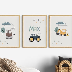 Kinderzimmer Bilder Junge Traktor, Wanddeko Poster Set Bagger, personalisiert mit Name Deko Baby Geburt, Baustelle Fahrzeuge Bauernhof Auto Komplett Grau