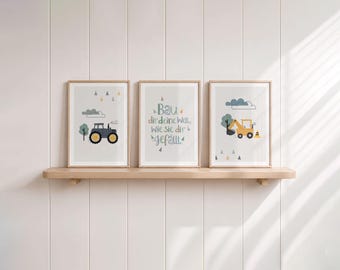Boys' bedroom pictures, tractor and excavator poster, children's saying, poster set for boys' rooms with vehicles, construction site wall decor and children's room decor