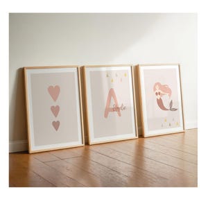 Images pour chambres de filles, lot de 3 posters sirène bohème, cœurs personnalisés, décoration chambre enfant, décoration murale bohème, chambre fille vieux rose